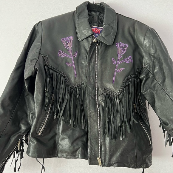 Vintage MOB Women's Purple Rose Fringe Leather Motorcycle Jacket Size 14 - Picture 1 of 17